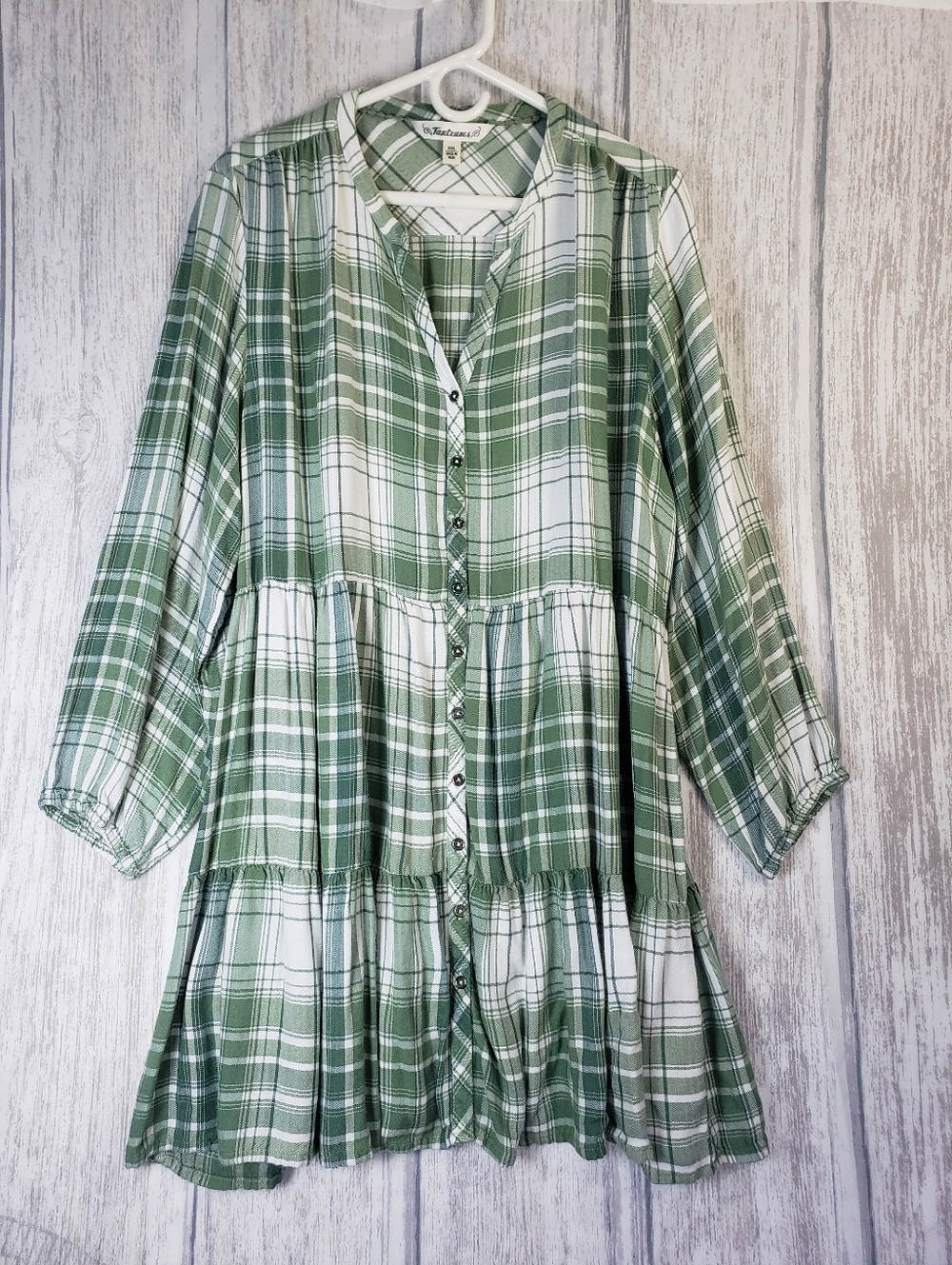 Tantrums 3/4 Sleeve Tiered tunic dress Kelly Green & Cream plaid 2X Cottagecorel